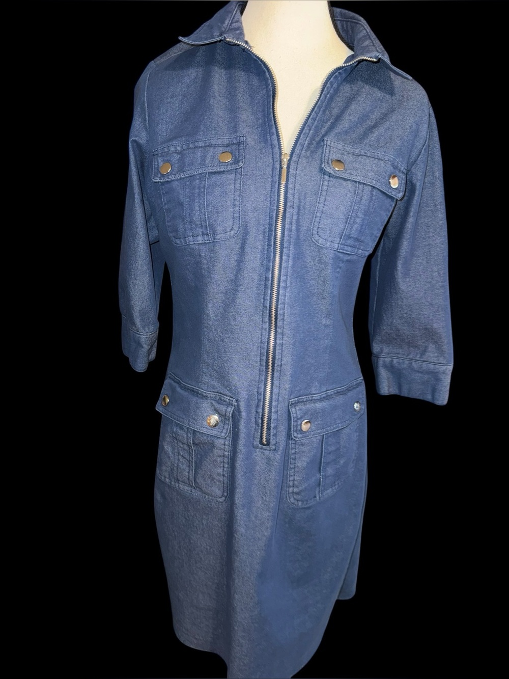 Sharagano Denim Utility Shirt Dress Size 6 Blue Zip Front 4 Pocket Y2K western